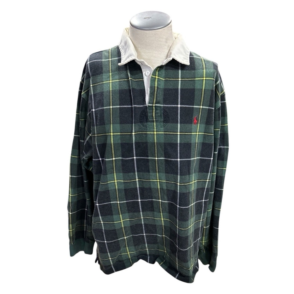 Polo Ralph Lauren Vintage Plaid Rugby Shirt XXL Green Black Long Sleeve